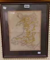 A framed old coloured map print of Wales (Cymru)