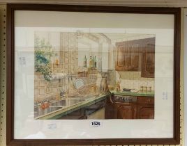 Halerky: a framed watercolour, depicting a cat seated in a kitchen - signed and dated '84