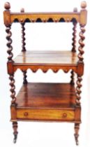 A 50.5cm Victorian rosewood three tier whatnot with square surfaces, barley twist supports and