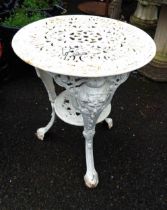 A 59cm diameter antique style white painted cast iron table with ornate pierced top and undertier,