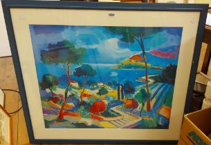 Jean-Claude Picot: a blue painted framed large format coloured seri-lithograph entitled 'L'