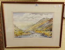 Frank Cadwallader: a framed watercolour, depicting a mountain river landscape - signed