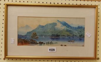 A gilt framed 19th Century watercolour, depicting a mountain lake scene with figures in a rowing