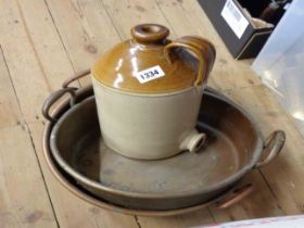Two old copper two handled pans - sold with a stoneware flagon