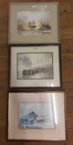 Claude Kitto: two framed watercolours, one depicting waterside buildings with beached vessels, the