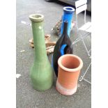 Two glazed ceramic pots of tall bottle form and another - sold with a terracotta chimney pot