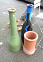 Two glazed ceramic pots of tall bottle form and another - sold with a terracotta chimney pot