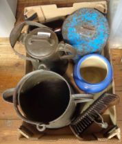 A box containing a quantity of assorted metalware and other items including two galvanised jugs,