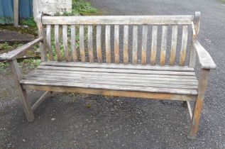 A 1.5m Alexander Rose Ltd teak garden bench with slatted back and seat