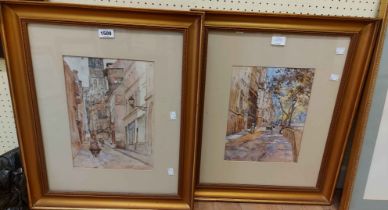 Paul Copson: a pair of gilt framed watercolours, one depicting a back street scene with Rouen