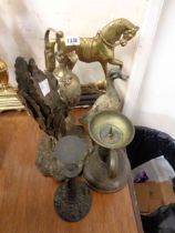 A selection of assorted metalware including brass horse door stop, scales, etc.