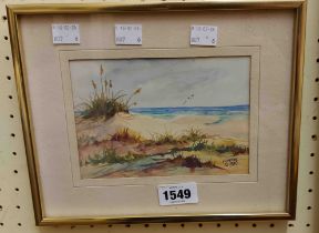 Rubymae Leonhardt: a small gilt metal framed watercolour, depicting a beach view in Jupiter, Florida