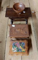 A small collection of wooden items including miniature hand carved replica of a Tudor table, two