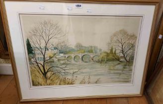 †Jeremy King: a framed signed limited edition coloured print, depicting a river view with bridge -