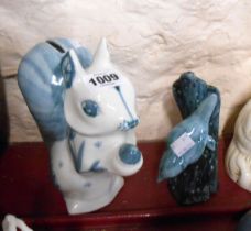 A David Sharp Rye Pottery money box of squirrel form - sold with a similar Nuthatch figurine