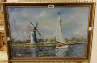V. Palmer: a gilt framed vintage oil on board entitled 'Thurne Mill' - signed