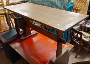 A 1.53m vintage oak refectory style table with solid triple plank top, set on standard ends with