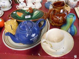 A quantity of assorted ceramics including Belgian majolica tureen, harvest ware style jugs, teapots,