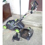 A GTech CLM0001 36V cordless lawn mower, with battery, charger and grass box