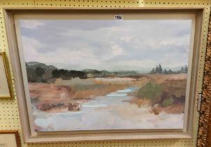 A framed modern oil on canvas, depicting a stylised landscape - sold with a framed still life with
