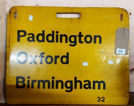 A British Rail Western Region carriage destination board showing Paddington, Bicester and Birmingham