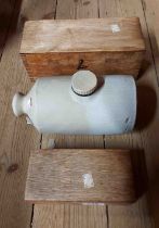 Two old wooden lift-top boxes - sold with a stoneware hot water bottle