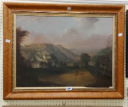 A damaged maple framed 19th Century oil on board, depicting a hilly landscape with buildings in