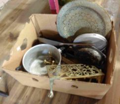 A box containing a quantity of brass and other metalware including candlesticks, trivet, etc.