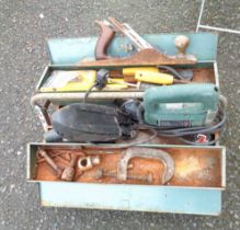 A toolbox containing a quantity of assorted tools including jigsaw, etc.