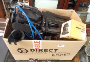 A box containing a quantity of vintage cameras, camcorder etc.
