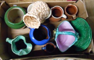 A box containing a quantity of assorted pottery vases, jugs, majolica basket, etc.