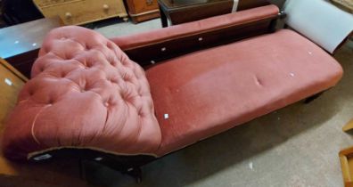 A 1.7m Edwardian stained walnut part show frame chaise longue with old rose velour upholstery, set