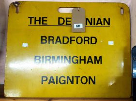 A British Rail Western Region carriage destination board (from a train named Devonian) showing