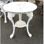A 57cm diameter antique style white painted cast iron table with ornate pierced top and undertier,