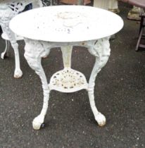 A 57cm diameter antique style white painted cast iron table with ornate pierced top and undertier,