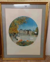 Grosperin: a gilt framed signed limited edition circular coloured print entitled 'Chateau au