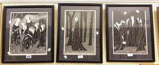 †Hannah Frank: three matching framed vintage monochrome lithographic prints comprising 'Night