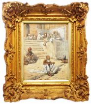 PE: an ornate gilt framed late 19th Century watercolour, depicting figures seated on and around