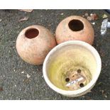 Two terracotta ball form pots - sold with a stoneware similar