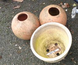 Two terracotta ball form pots - sold with a stoneware similar