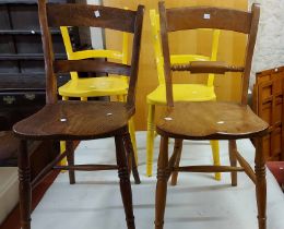 Six similar old Windsor style dining chairs, all with moulded solid elm seats - two with yellow