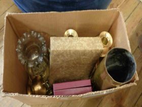 A box containing a quantity of assorted brassware and other metalware including candlestick,