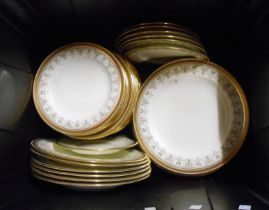 A crate containing a quantity of Cauldon bone china dinner plates of various size