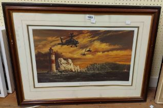Richard E. Thompson: a pair of framed attack helicopter prints, one entitled 'The Morning Watch',