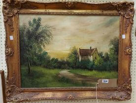 R. Paul: an ornate gilt framed oil on canvas, depicting a rural cottage - signed