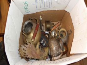 A box containing a quantity of assorted brass and other metalware including eagle statue, etc.