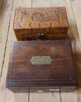 A 19th Century brass bound rosewood box - sold with a Chinese carved wood lift-top box