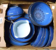 A box containing a quantity of Denby pottery dinner ware in the Midnight Blue pattern including