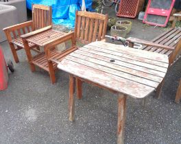 A 1.6m slatted teak two seater garden couples bench - sold with a similar table