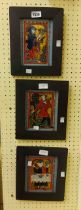 Three matching framed modern Romanian handmade icons on reverse glass panels, each with pictorial